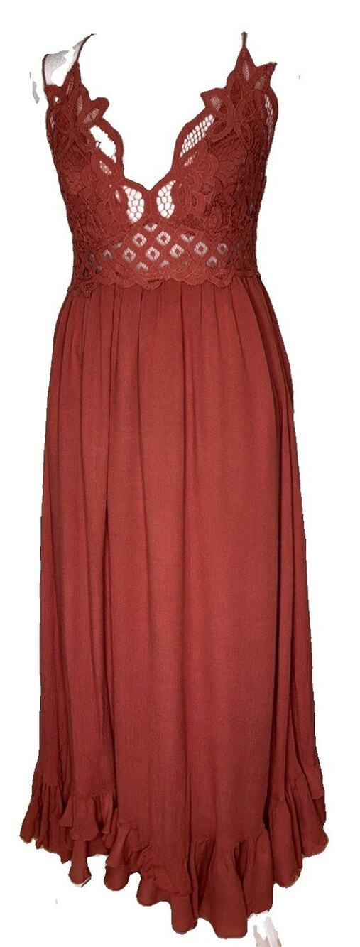 Free People FP One Maxi Dress Lace Crochet Rust Boho Festival XS
